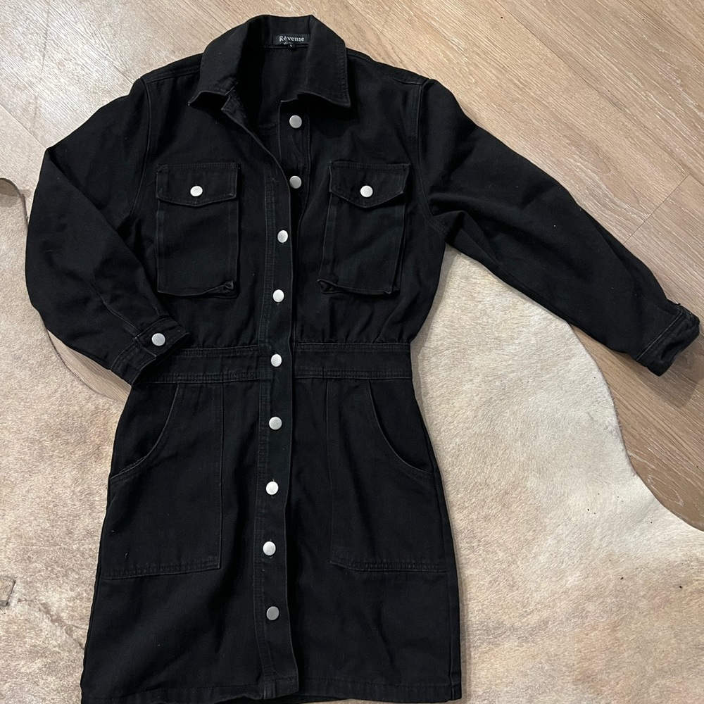 Reveuse black denim button up dress size L